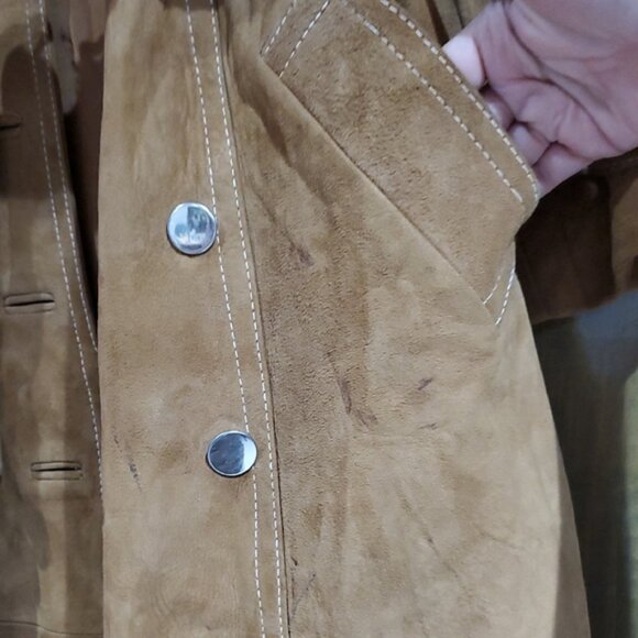 Vintage Tan Caramel Suede Leather Lined Trench Coat 70s 80s Dan Di Modes W Belt - Picture 4 of 16